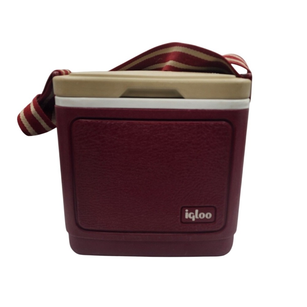 Vintage Igloo Tag-Along 8 Cooler Maroon Tan Striped Strap Retro Lunch Box